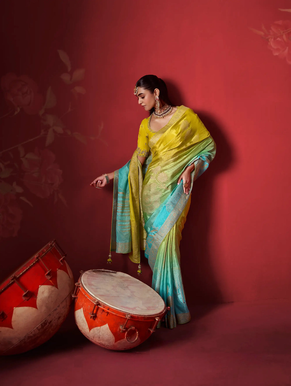 Yellow-Blue Silk Saree With Heavy Work Blouse