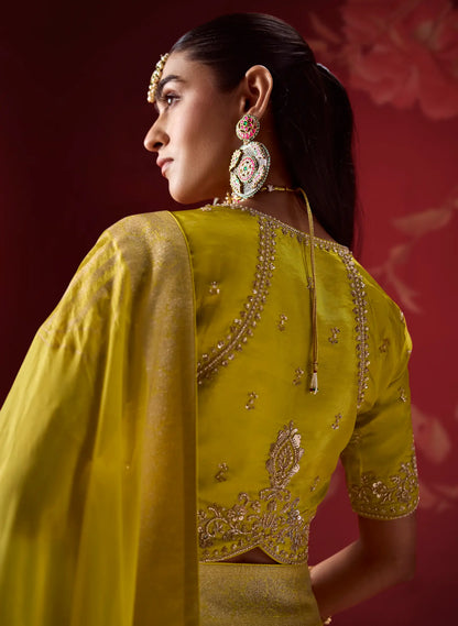 Yellow-Blue Silk Saree With Heavy Work Blouse