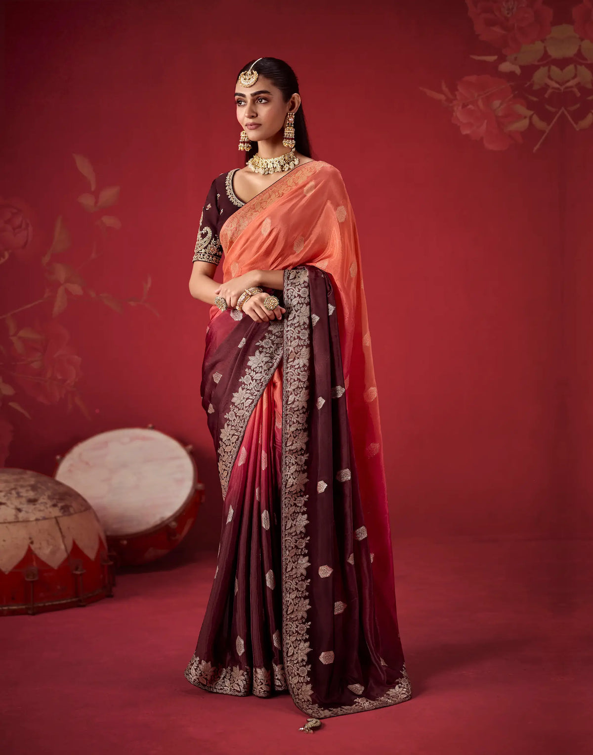 Brown-Orange Silk Saree With Heavy Work Blouse