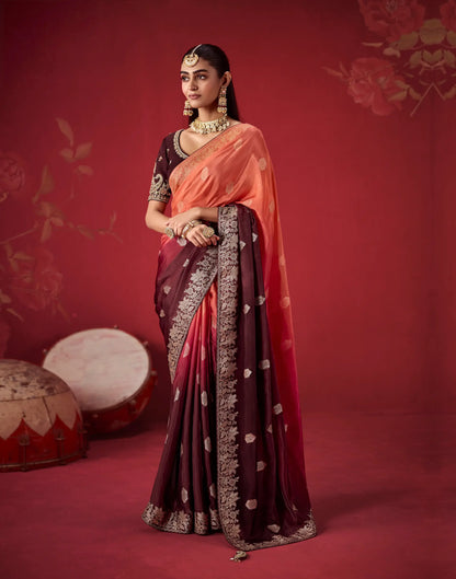 Brown-Orange Silk Saree With Heavy Work Blouse