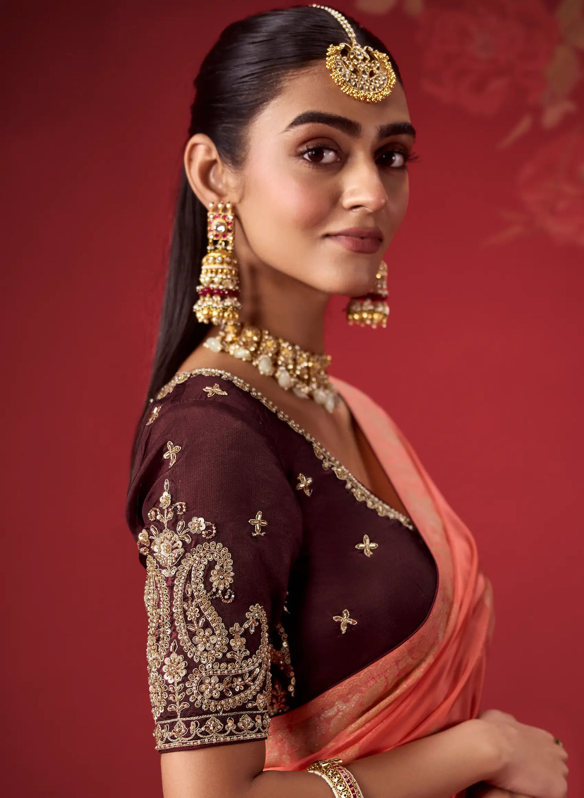 Brown-Orange Silk Saree With Heavy Work Blouse