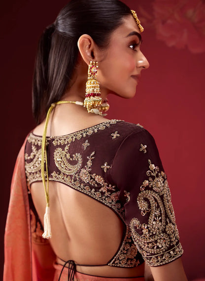 Brown-Orange Silk Saree With Heavy Work Blouse