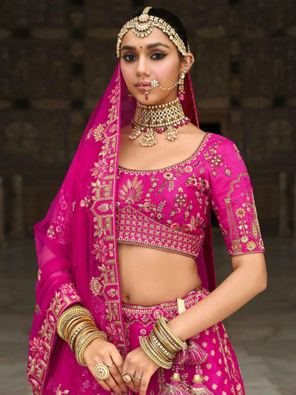 Dark Pink Bridal Lehenga Khatli Embroidery & 2 Dupatta