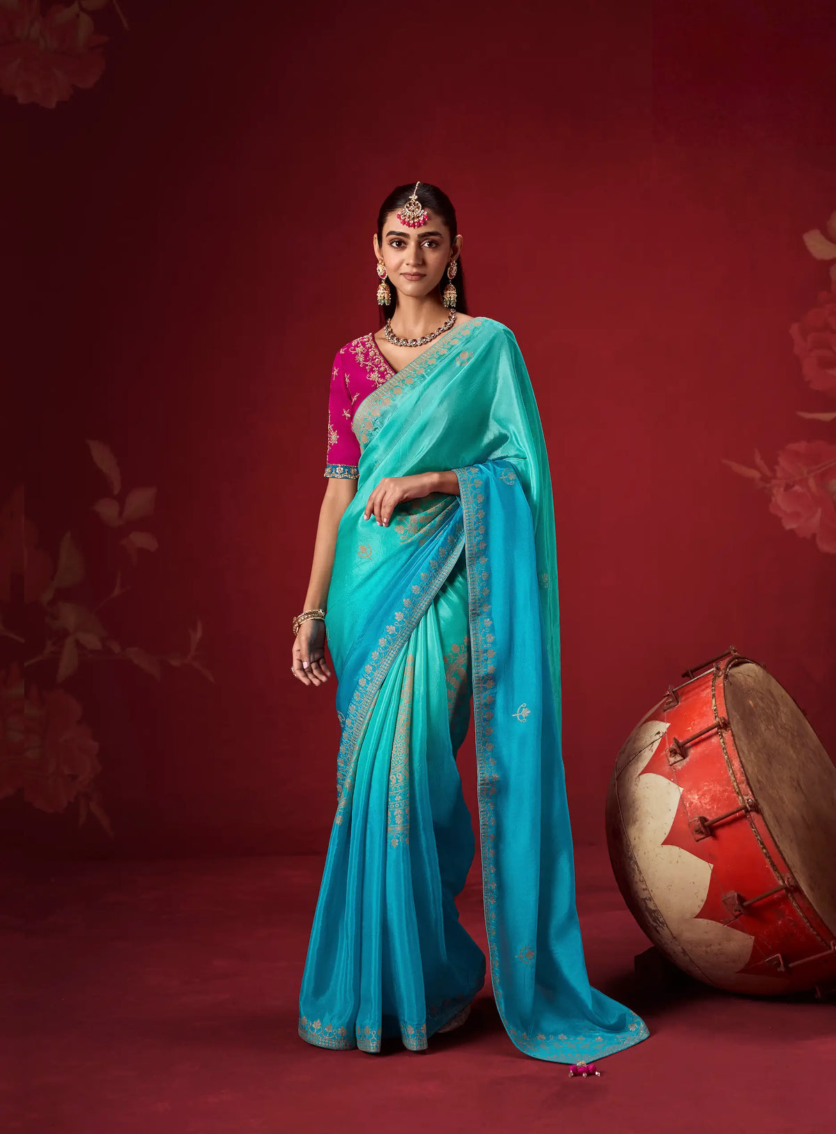 Shaded Blue Silk Saree With Heavy Work Blouse