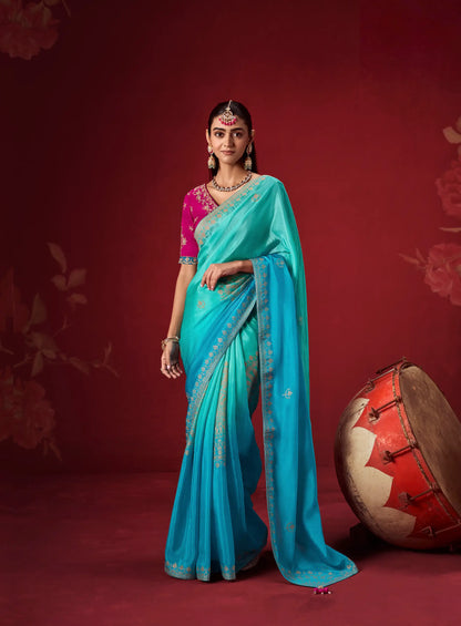 Shaded Blue Silk Saree With Heavy Work Blouse