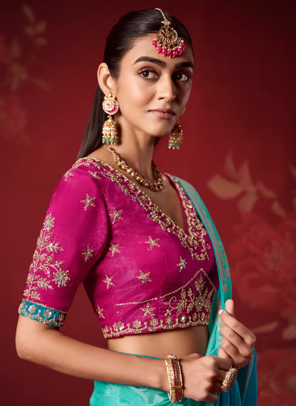 Shaded Blue Silk Saree With Heavy Work Blouse