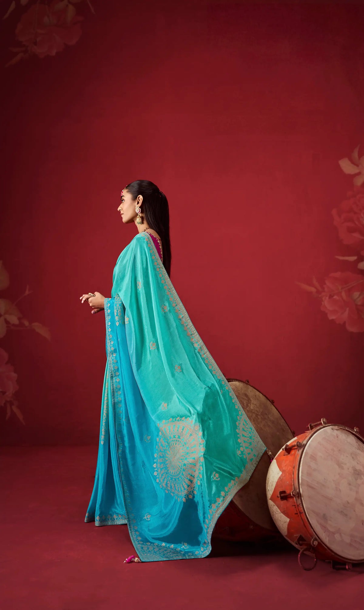 Shaded Blue Silk Saree With Heavy Work Blouse