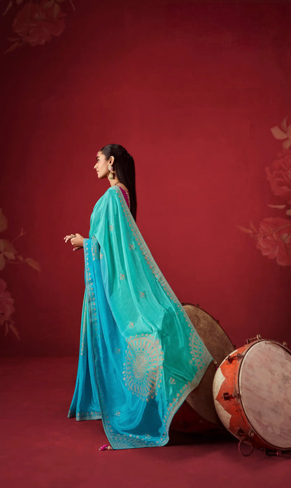 Shaded Blue Silk Saree With Heavy Work Blouse