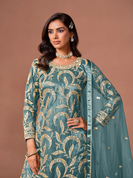 Teal Blue Embroidered Salwar Suit