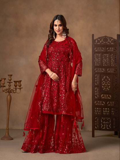 Red Net Embroidery Work Sharara Set