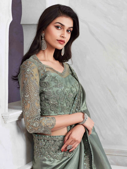 Dusty Green Sim-Sim Silk Saree