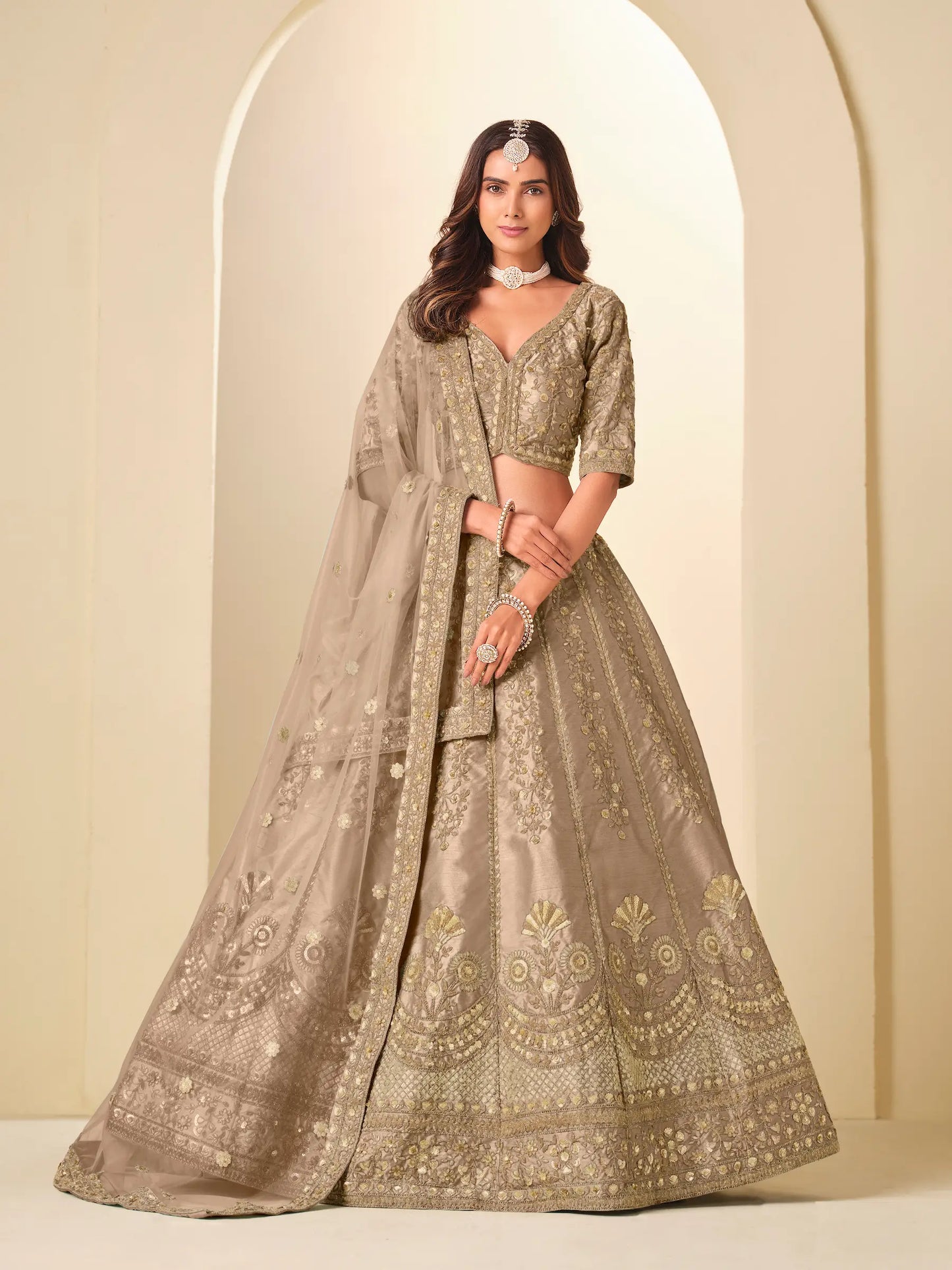 Sand Brown Art Silk Embroidered Lehenga Choli