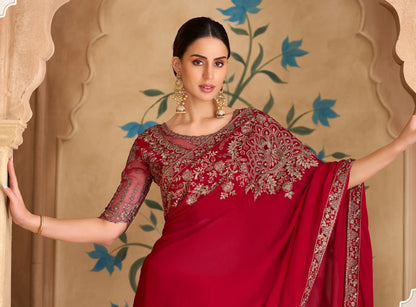 Sparkle Red Georgette Embroidery Saree