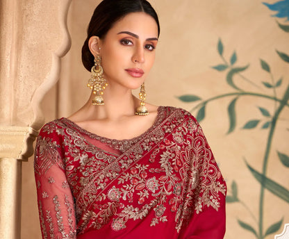 Sparkle Red Georgette Embroidery Saree