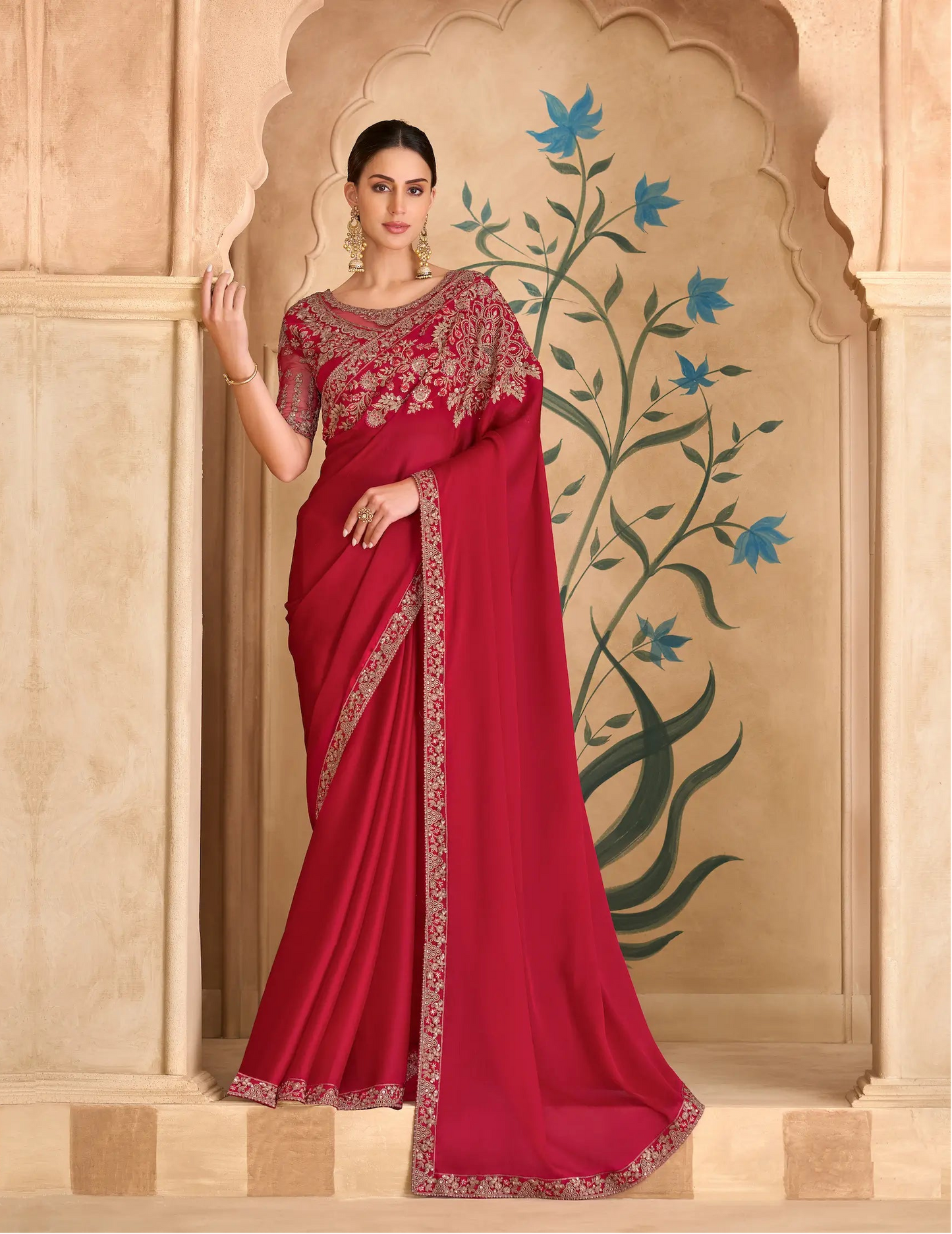 Sparkle Red Georgette Embroidery Saree