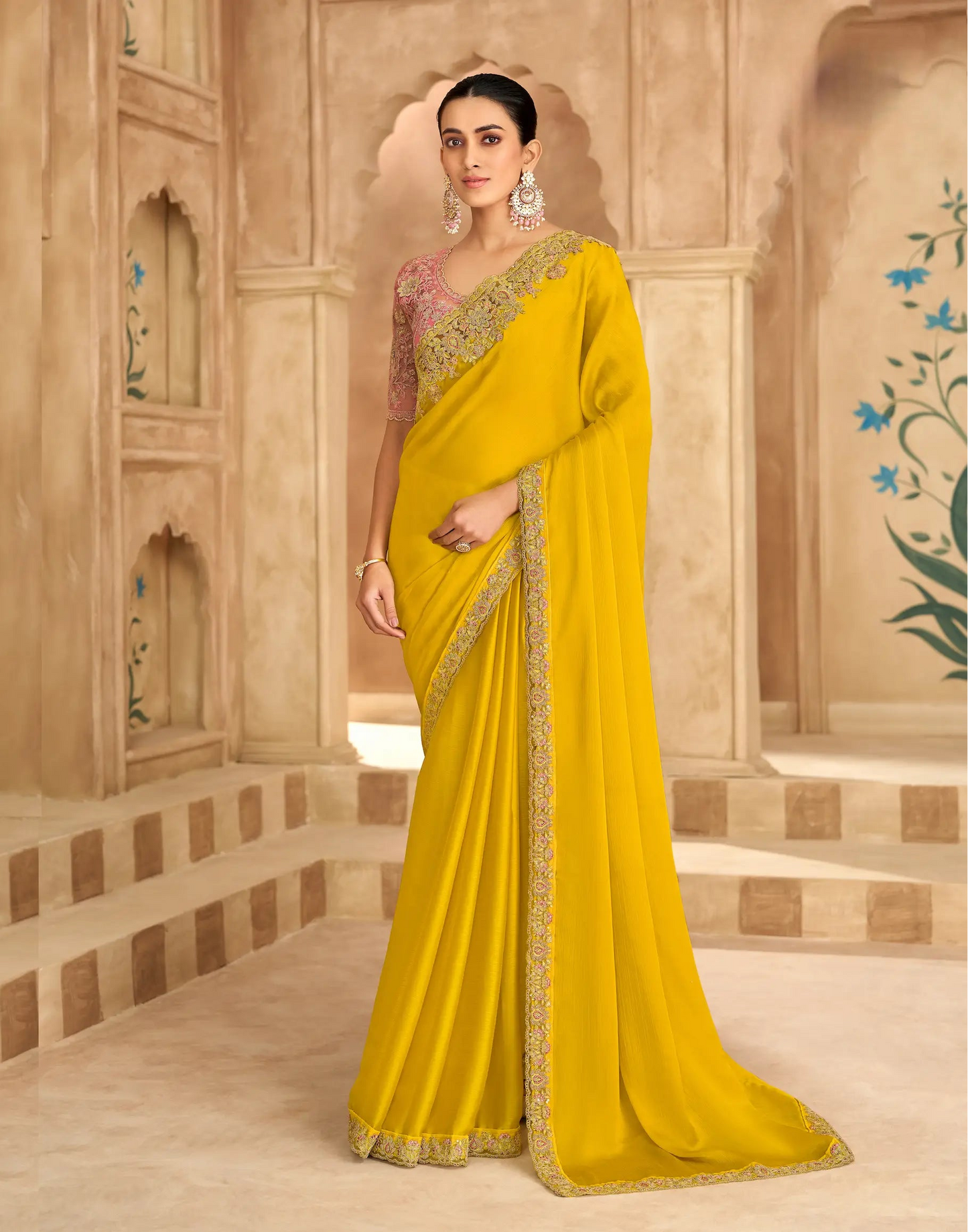 Golden Yellow Chiffon Embroidery Saree