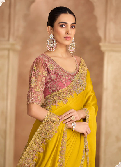 Golden Yellow Chiffon Embroidery Saree
