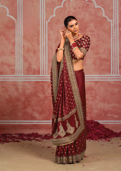 Rich Maroon Silk Heavy Embroidery Saree