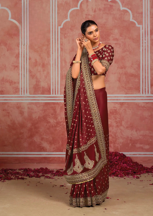 Rich Maroon Silk Heavy Embroidery Saree