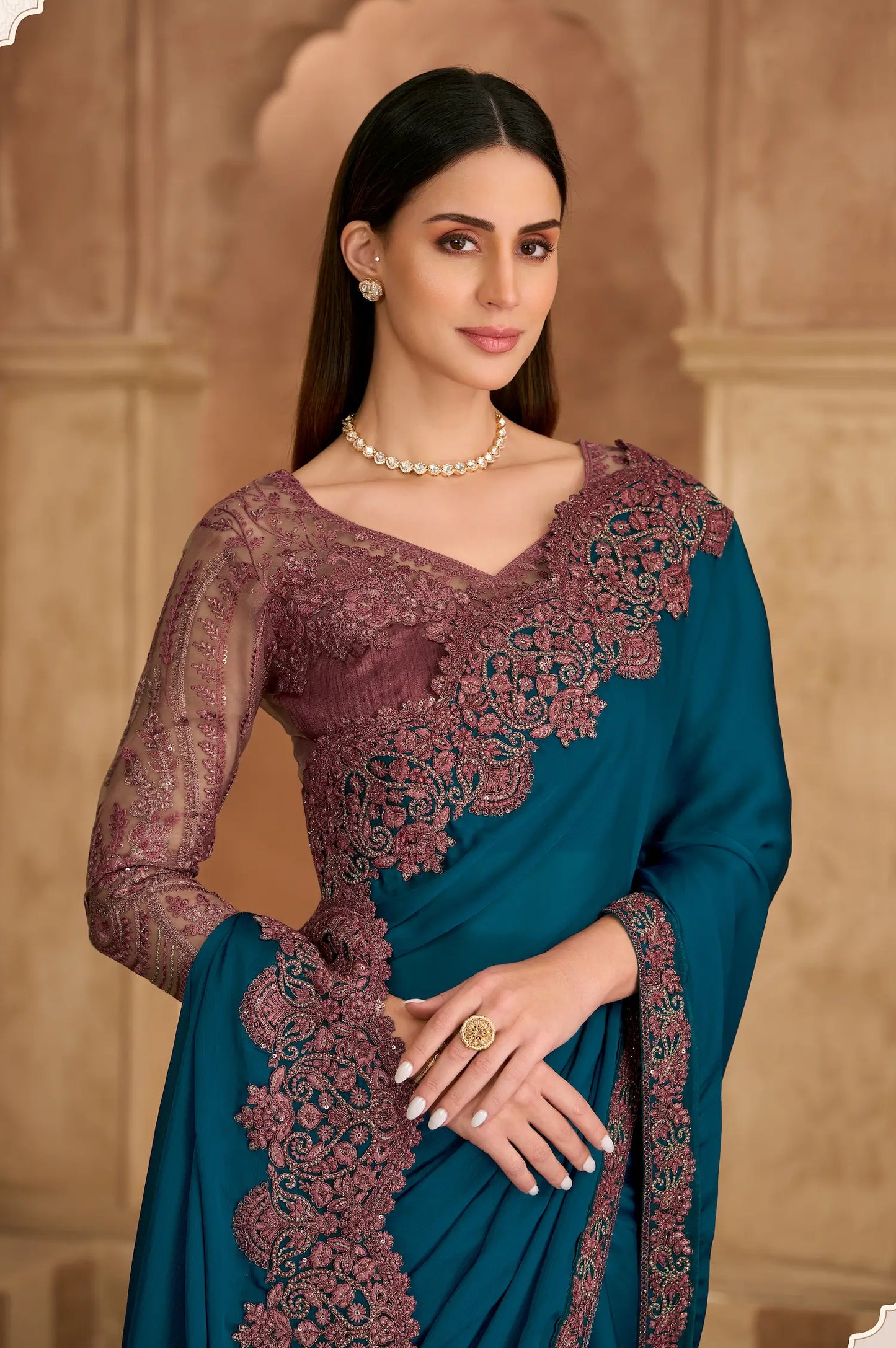 Dark Teal Chiffon Embroidery Saree