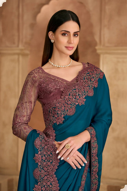 Dark Teal Chiffon Embroidery Saree