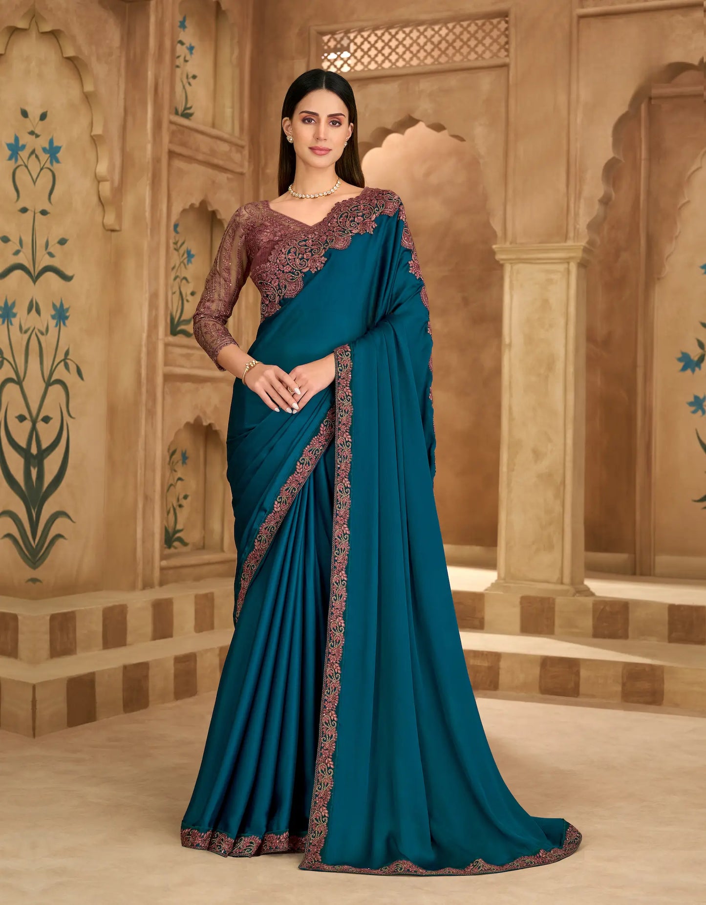 Dark Teal Chiffon Embroidery Saree
