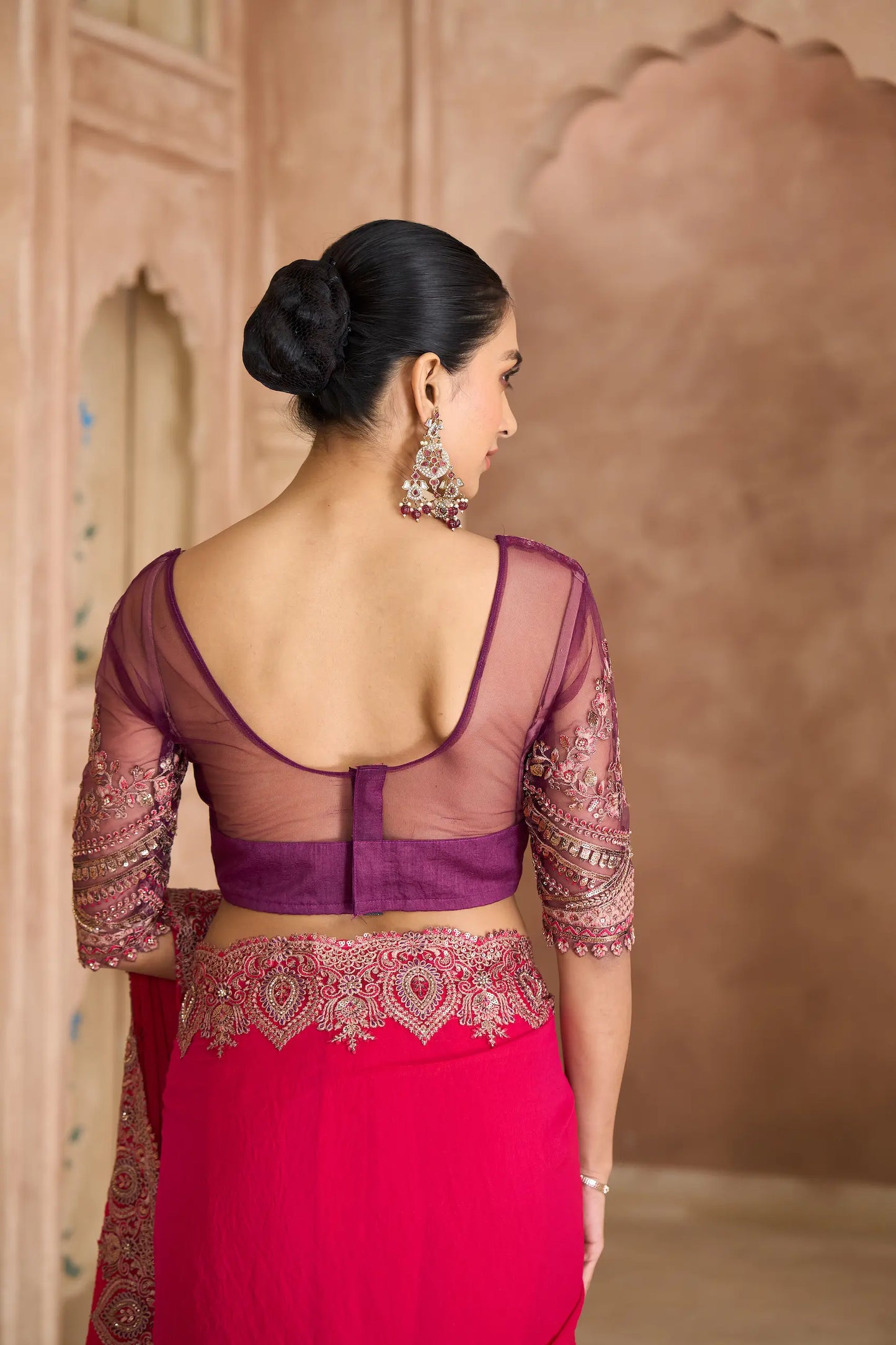 Cherry Red Georgette Embroidery Saree