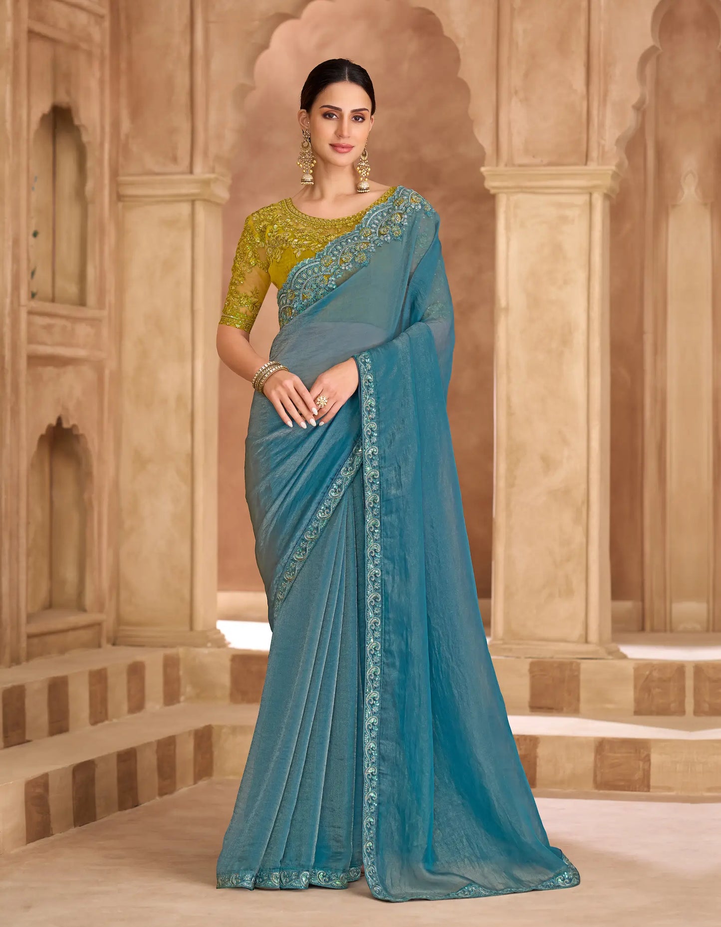 Greyish Teal Georgette Embroidery Saree