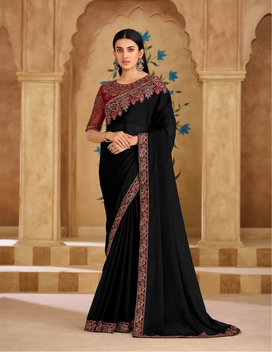 Ebony Black Chiffon Embroidery Saree