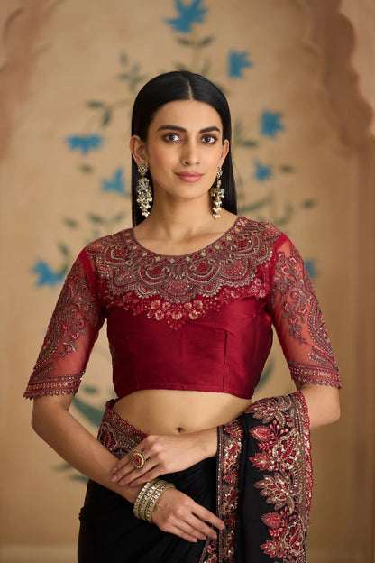 Ebony Black Chiffon Embroidery Saree
