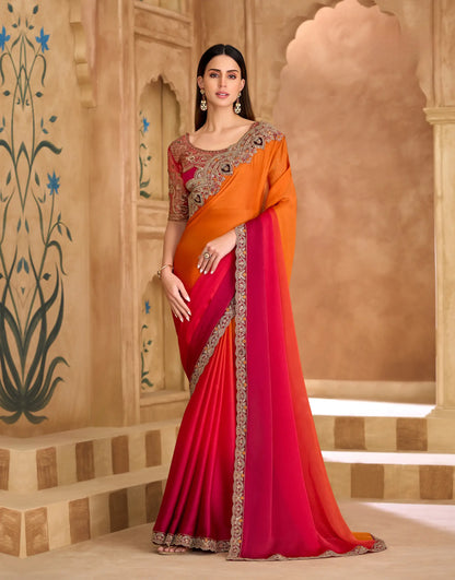 Red-Orange Chiffon Embroidery Saree