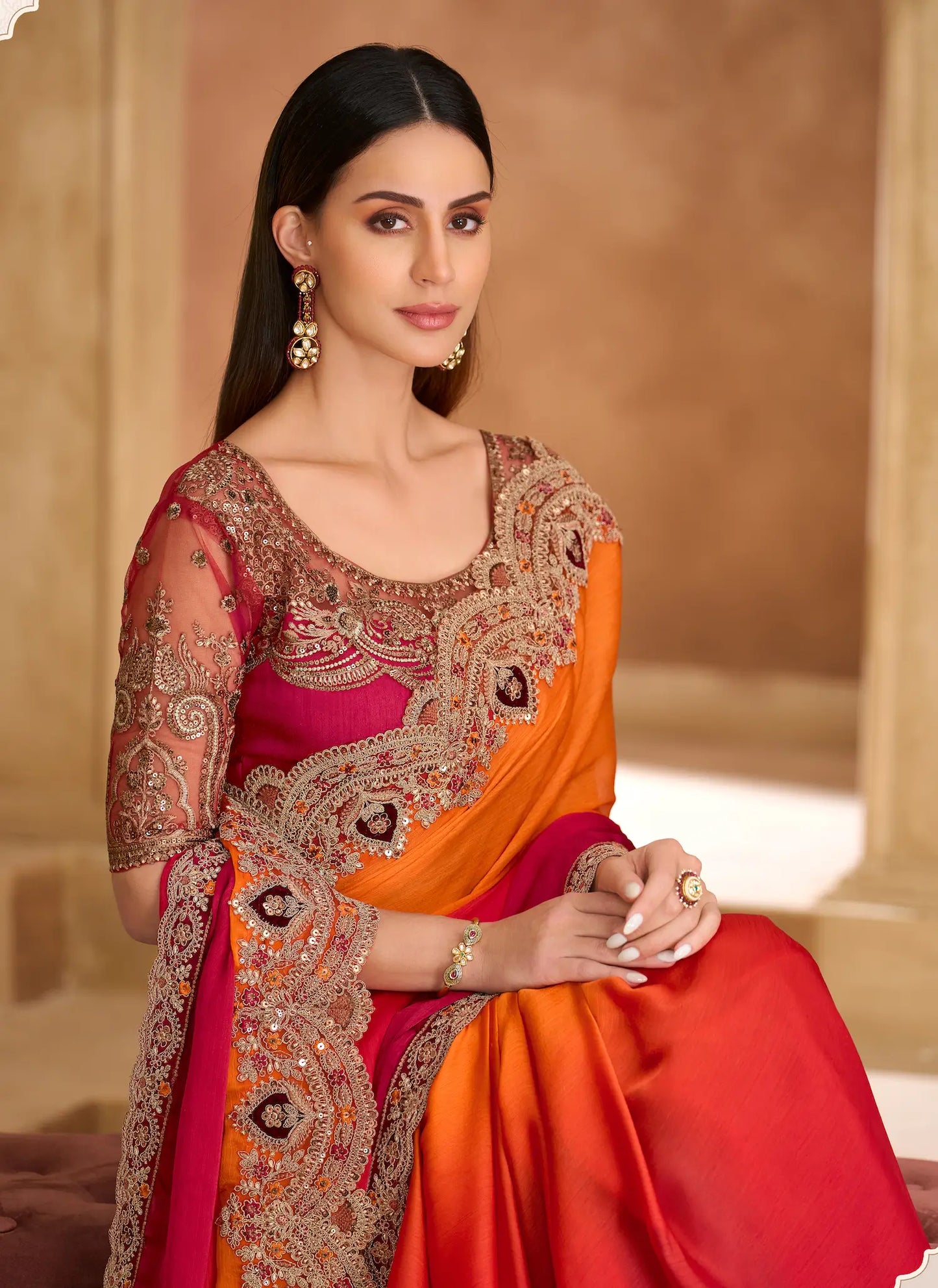 Red-Orange Chiffon Embroidery Saree