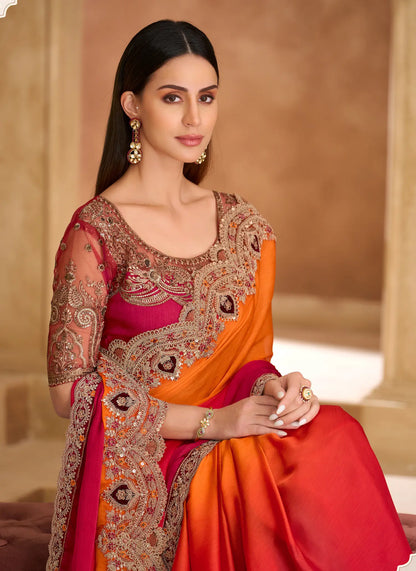 Red-Orange Chiffon Embroidery Saree