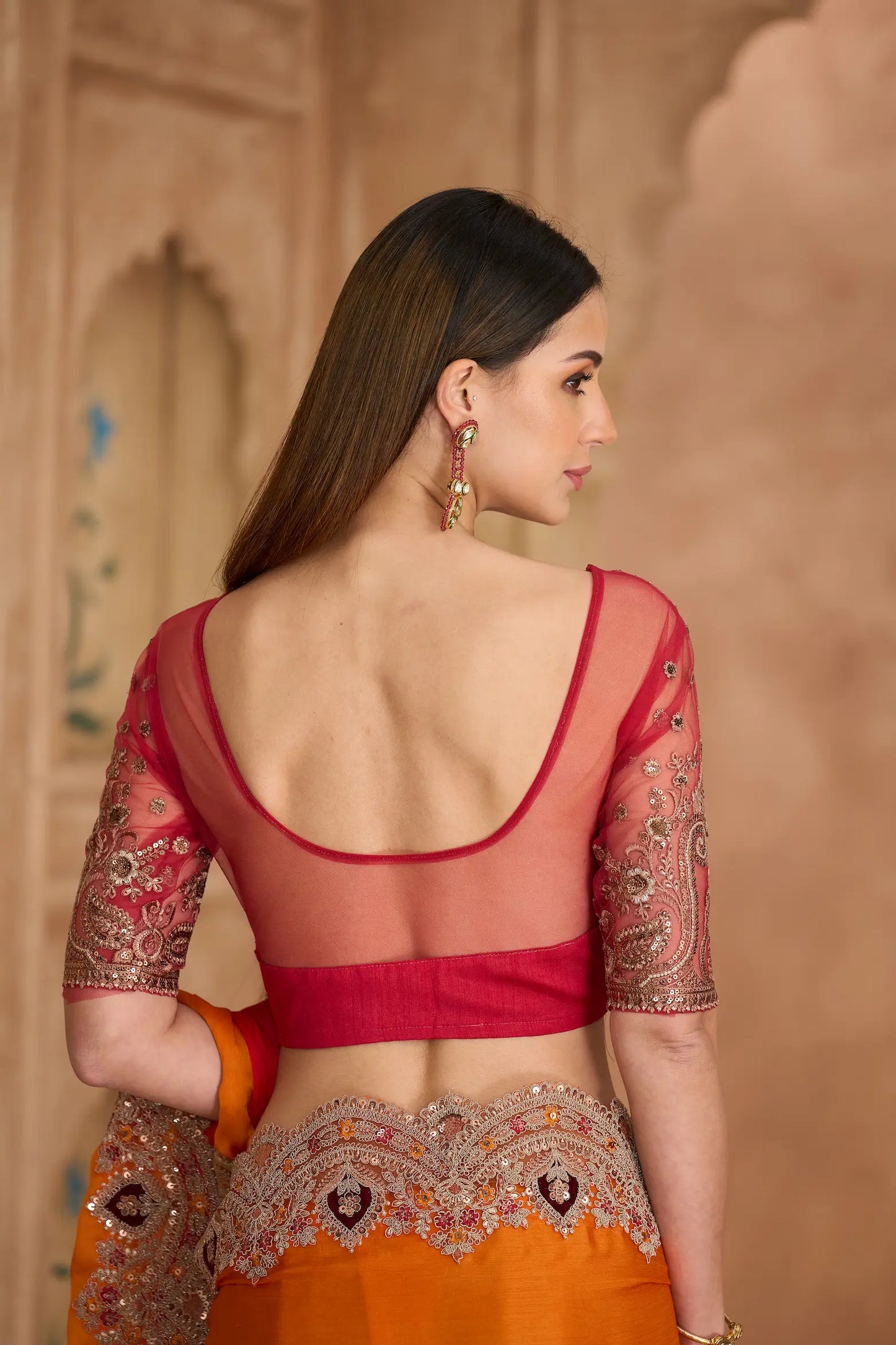 Red-Orange Chiffon Embroidery Saree