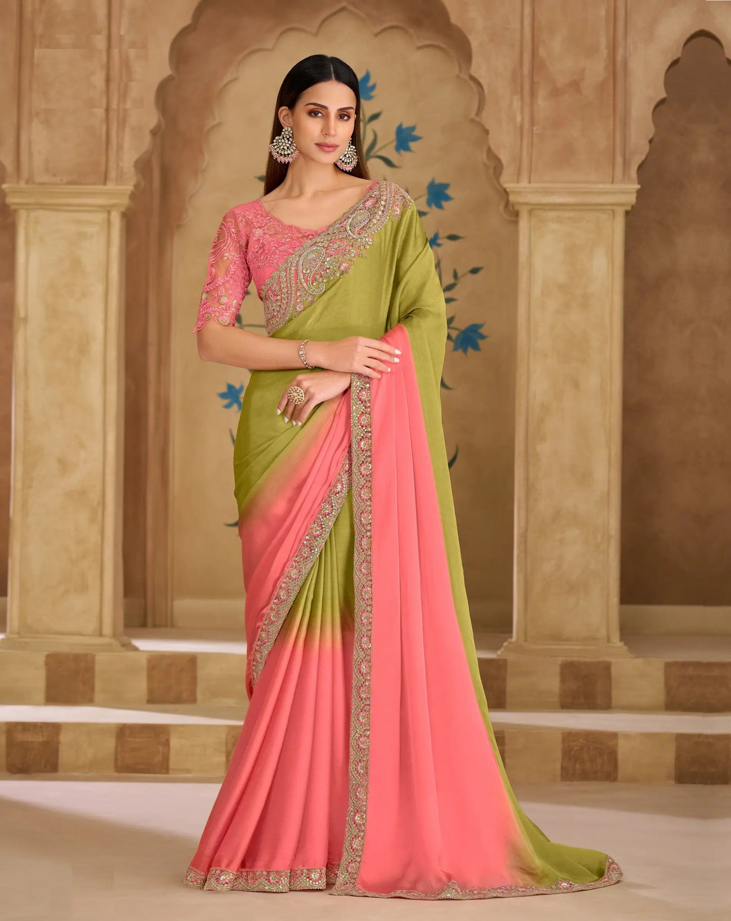 Peach-Olive Chiffon Embroidery Saree