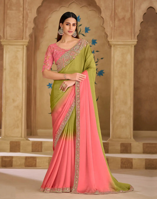 Peach-Olive Chiffon Embroidery Saree