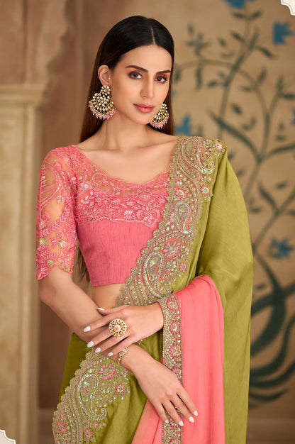 Peach-Olive Chiffon Embroidery Saree