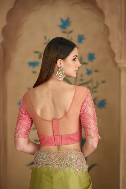 Peach-Olive Chiffon Embroidery Saree