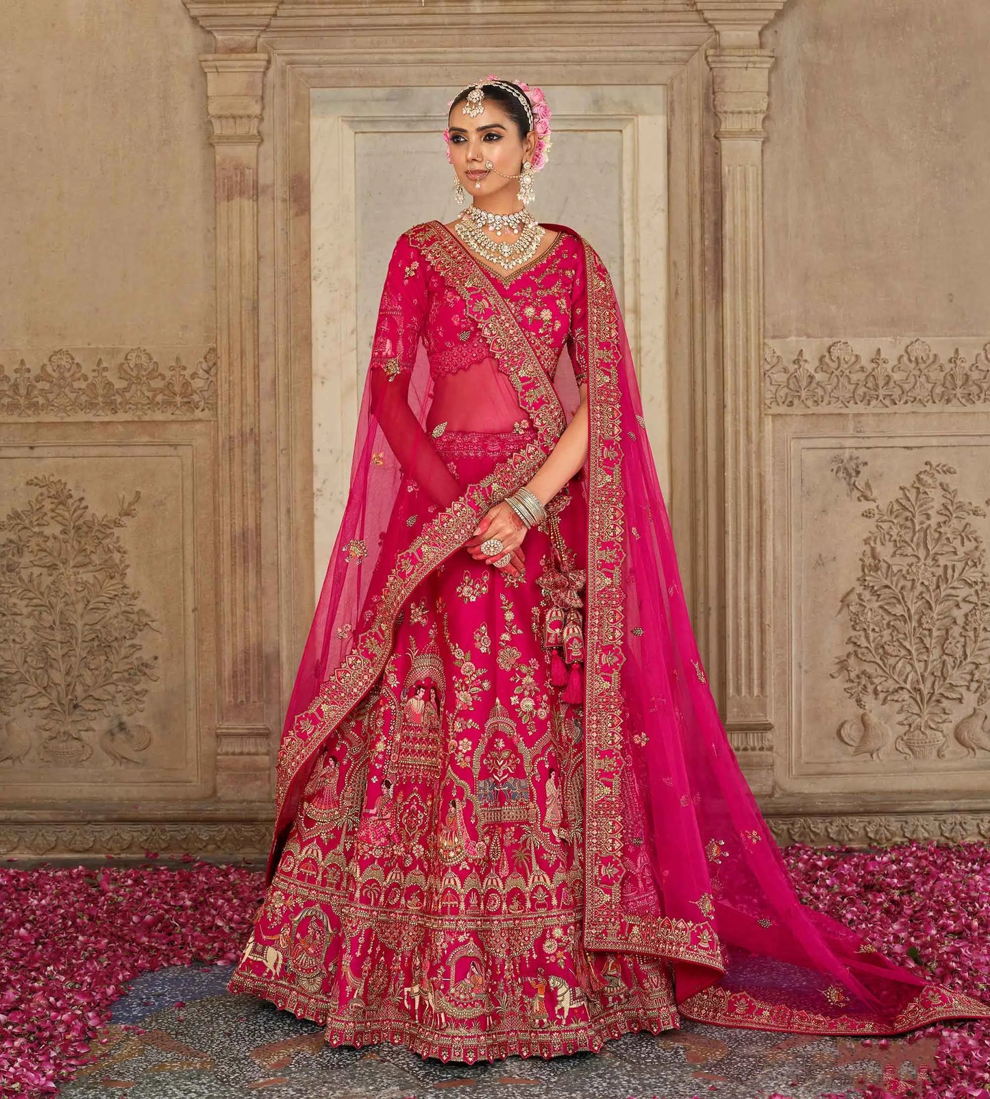 Designer Pink Bridal Lehenga Khatli Embroidery Work