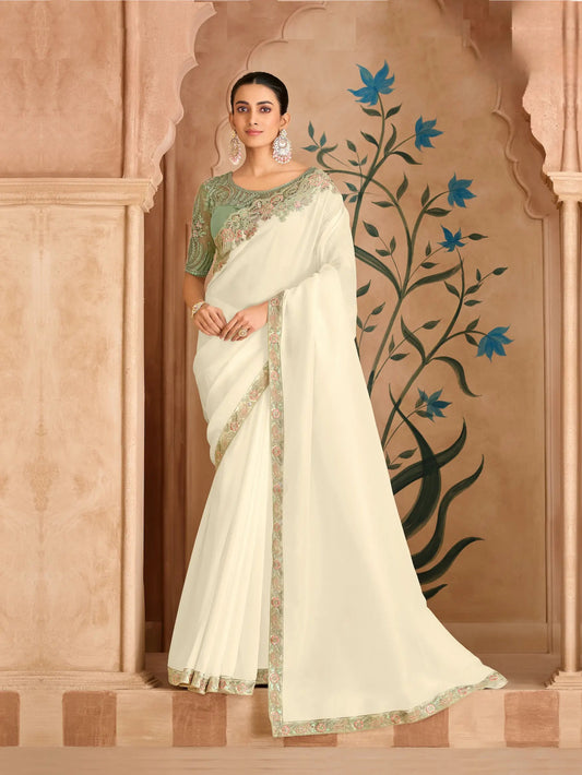 Powder White Georgette Embroidery Saree