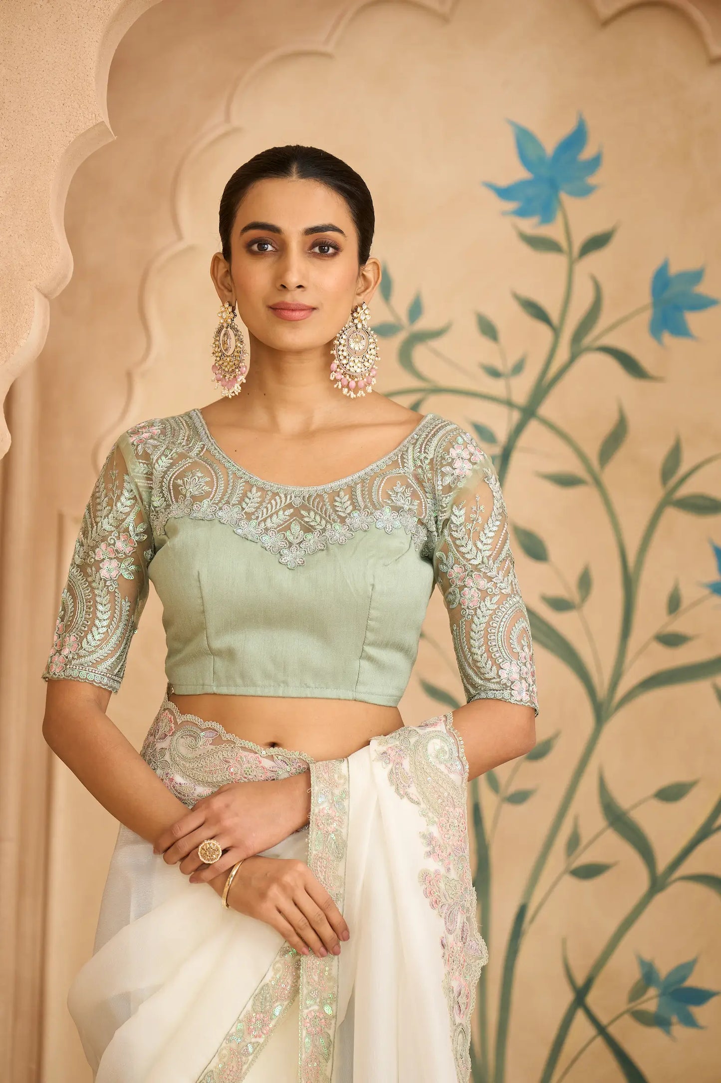 Powder White Georgette Embroidery Saree