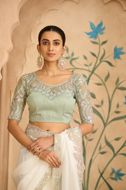 Powder White Georgette Embroidery Saree