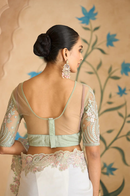 Powder White Georgette Embroidery Saree
