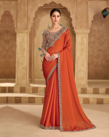 Deep Orange Chiffon Embroidery Saree