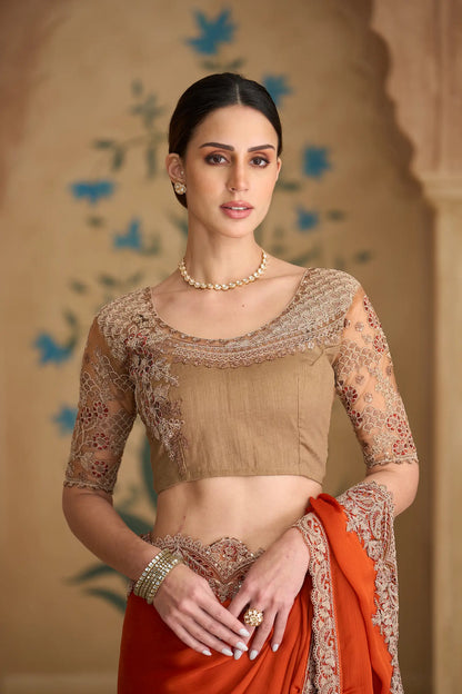 Deep Orange Chiffon Embroidery Saree