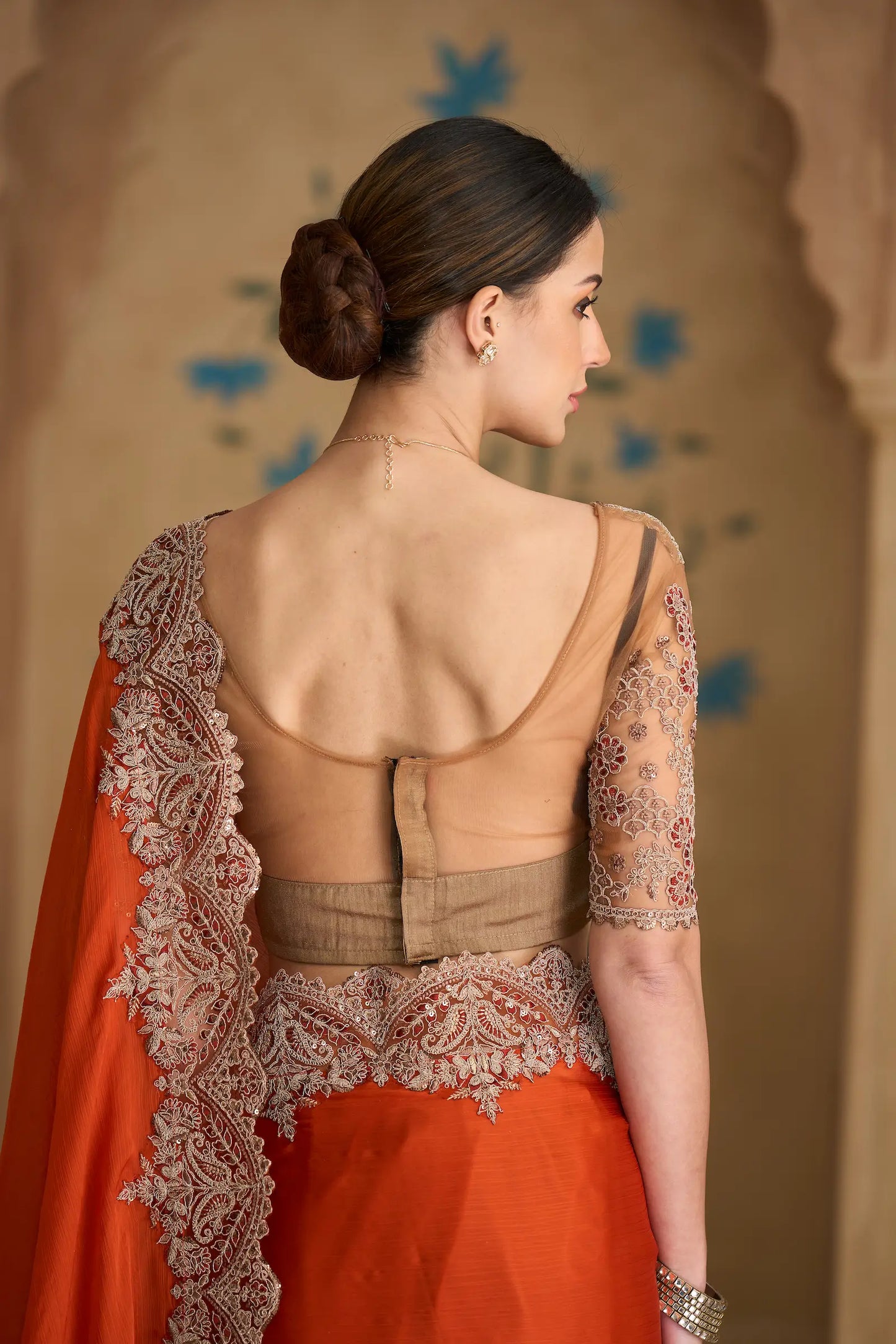 Deep Orange Chiffon Embroidery Saree