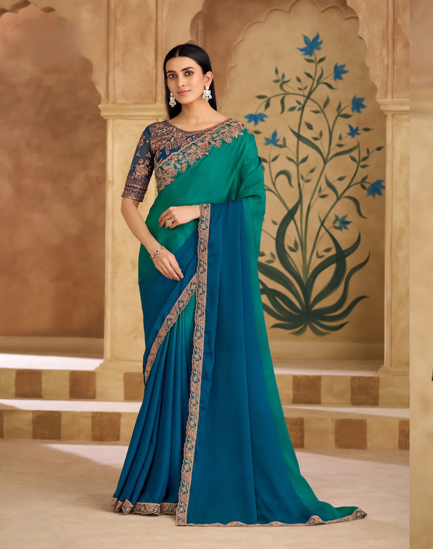 Shaded Blue Chiffon Embroidery Saree