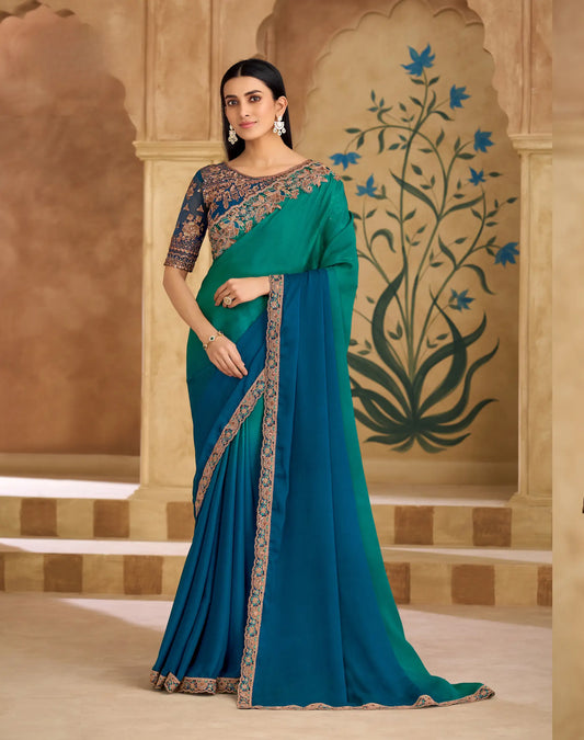 Shaded Blue Chiffon Embroidery Saree