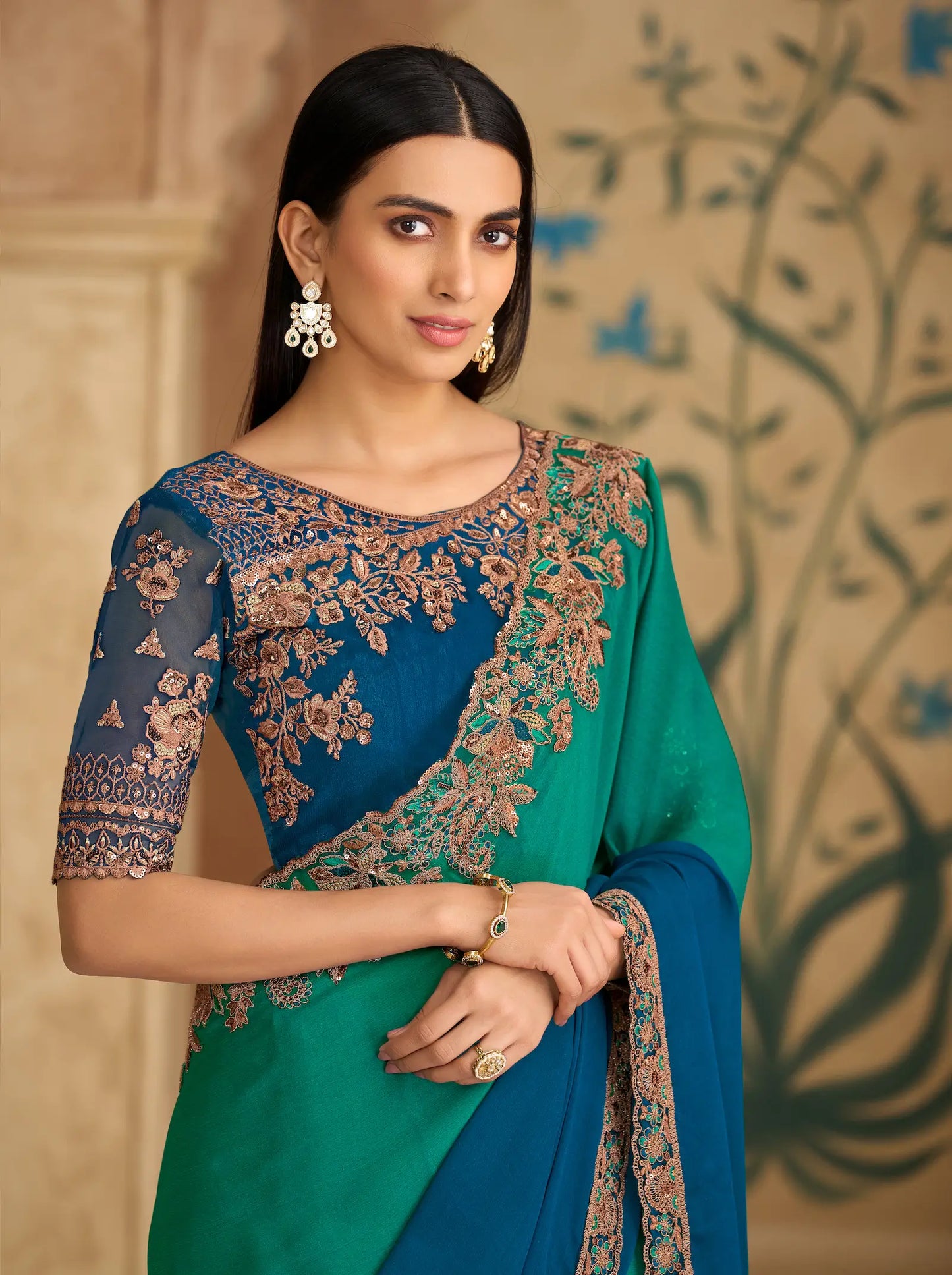 Shaded Blue Chiffon Embroidery Saree