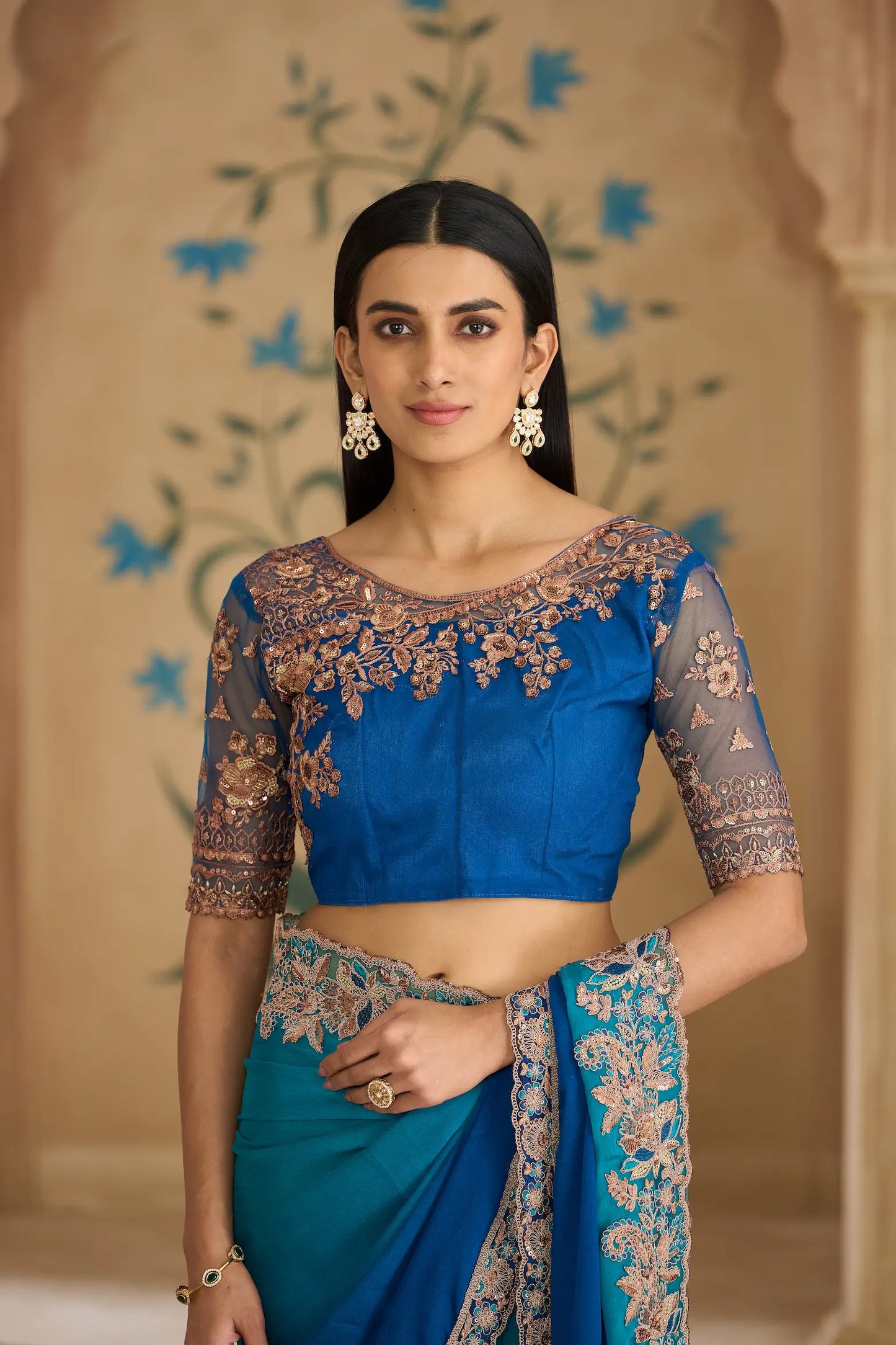 Shaded Blue Chiffon Embroidery Saree